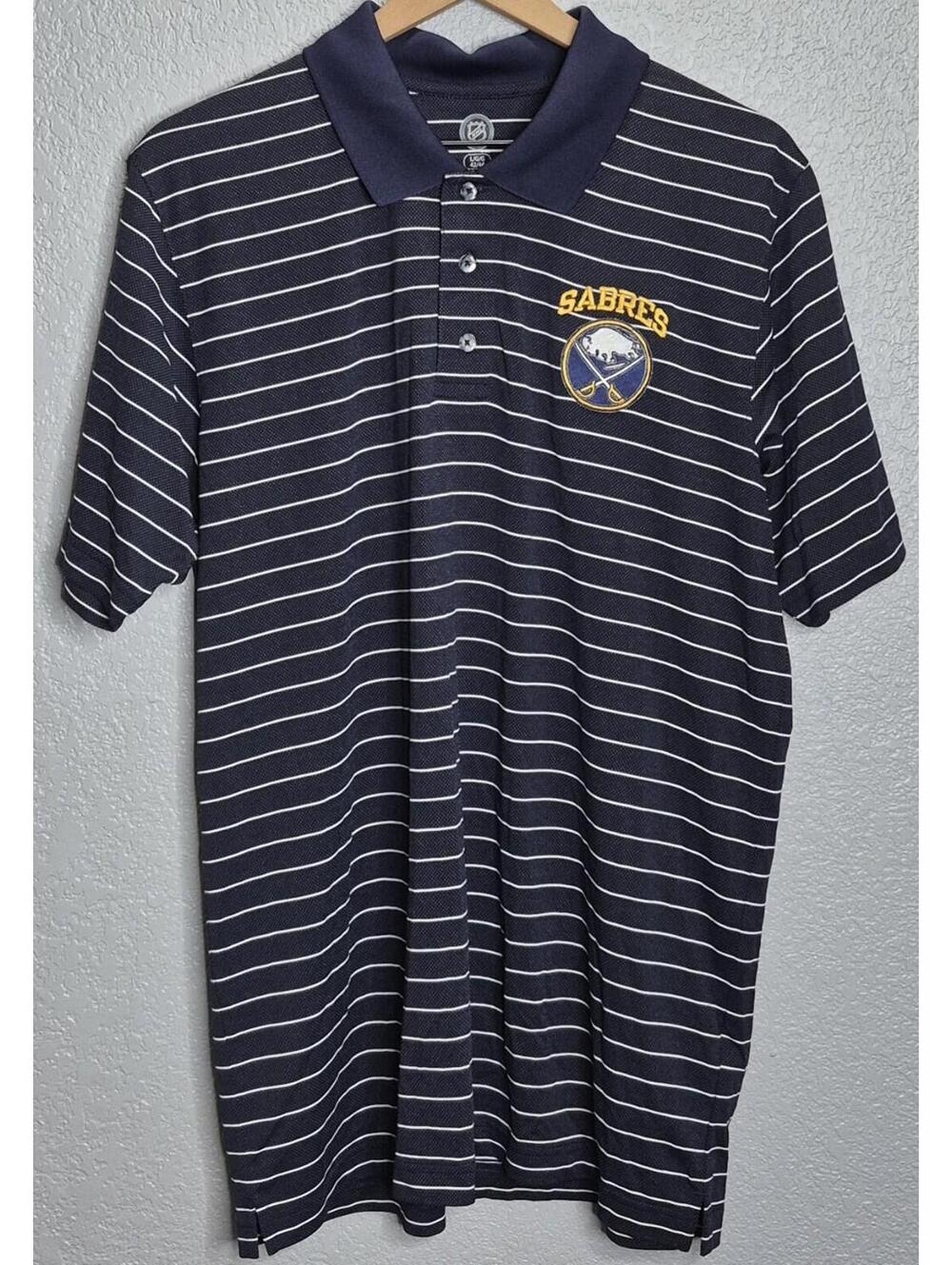 Buffalo Sabres NHL Knights Apparel Polo Shirt Mens Large Navy Striped Sample